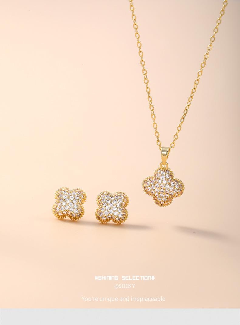 Shiny Pearl Copper Earrings and Necklace Set, Brushed Four-leaf Clover, Non-fading, Women's Light Luxury High-end Cross-border Jewelry