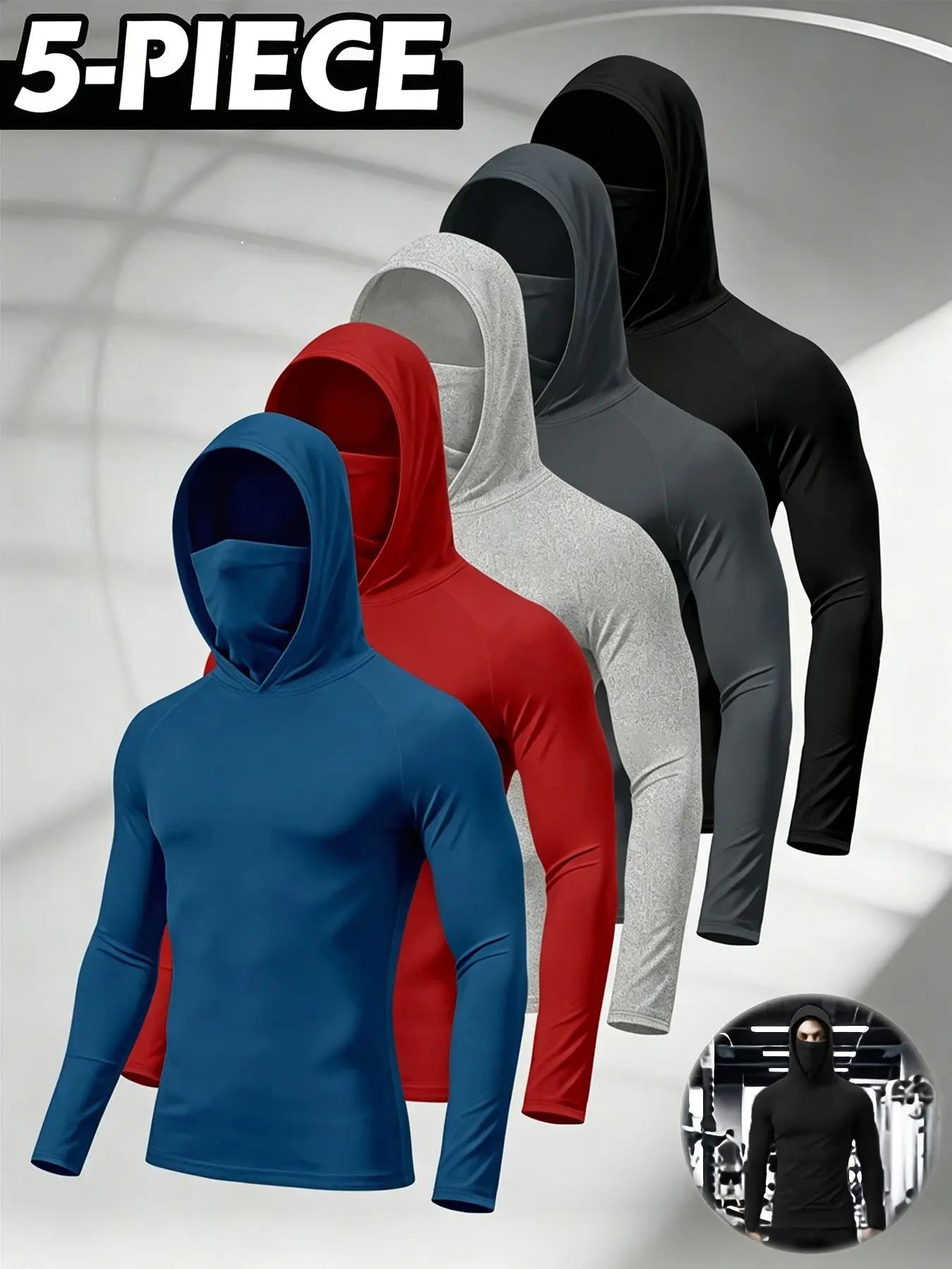 Men Hooded Compression Long Sleeve Shirts, Athletic Hoodies, With Integrated Face Mask, Elastic Quick Dry Athletic Fabric, Slim Fit Base Layer Tees For Workout Running Cycling And Outdoor Training Activities
