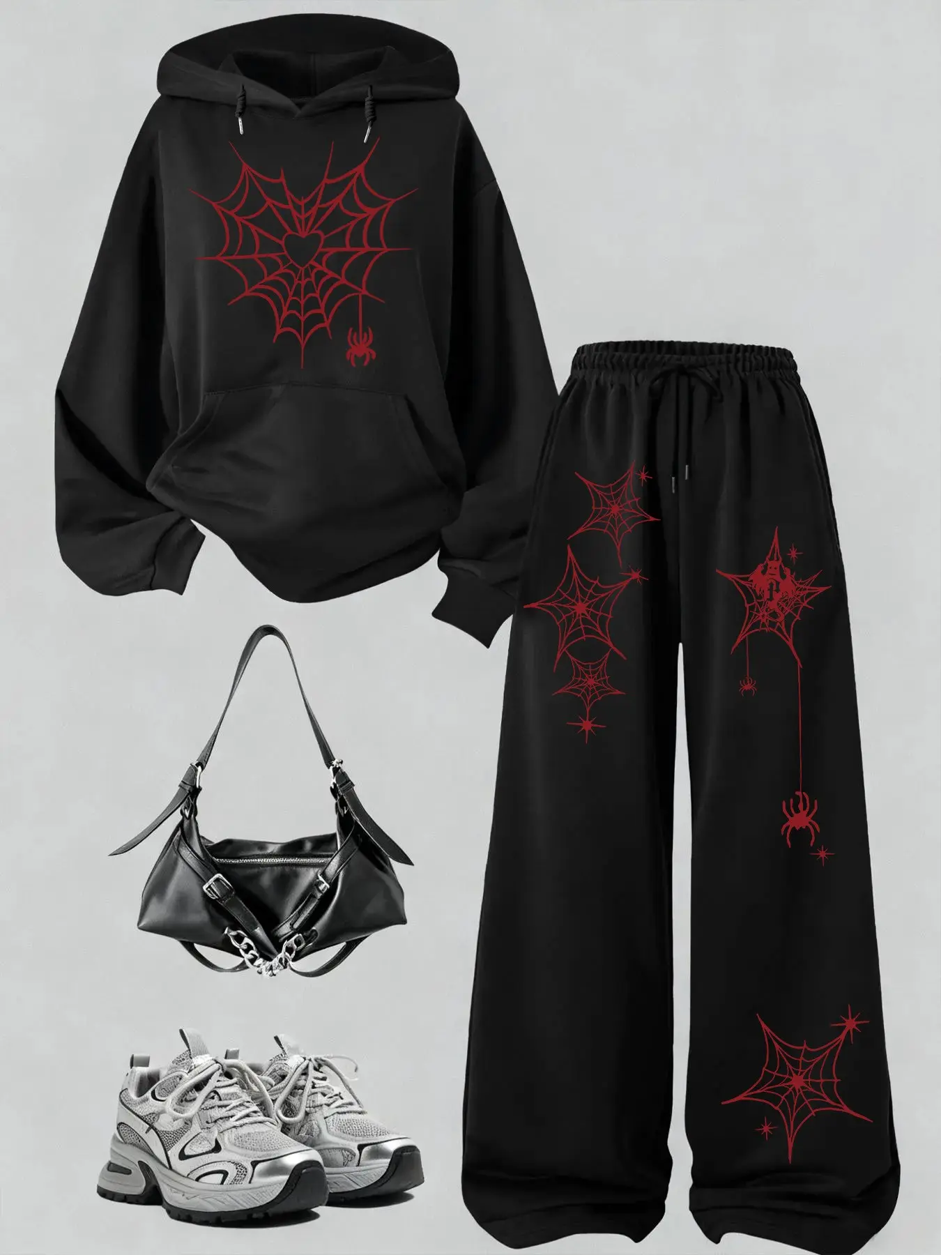 Women's Spider Print Sweatshirt + Loose-Fit Pants Set, Casual Comfortable for Spring and Fall, Ideal for Daily and Outdoor Wear
