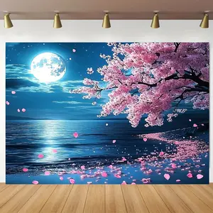 Cherry Blossom Moon Backdrop Dreamy Night Sakura Theme Tapestry Wall Hanging Photography Background for Anniversary Celebration Garden Party Bedroom Decor Photo Booth