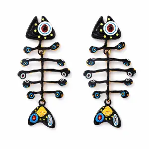Fishbone Drop Earrings for Women, Creative Black Fish Skeleton Dangle Earrings, Colorful Artistic Statement Jewelry Gift