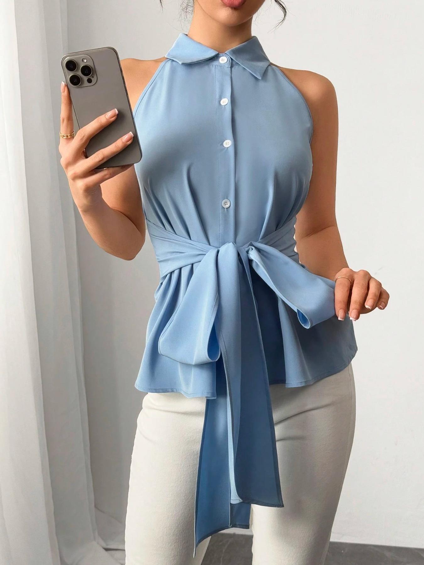 Women's Plain Bowknot Front Tank Top, Elegant Casual Sleeveless Top for Summer, Ladies Clothes for Daily Wear,  Womenswear