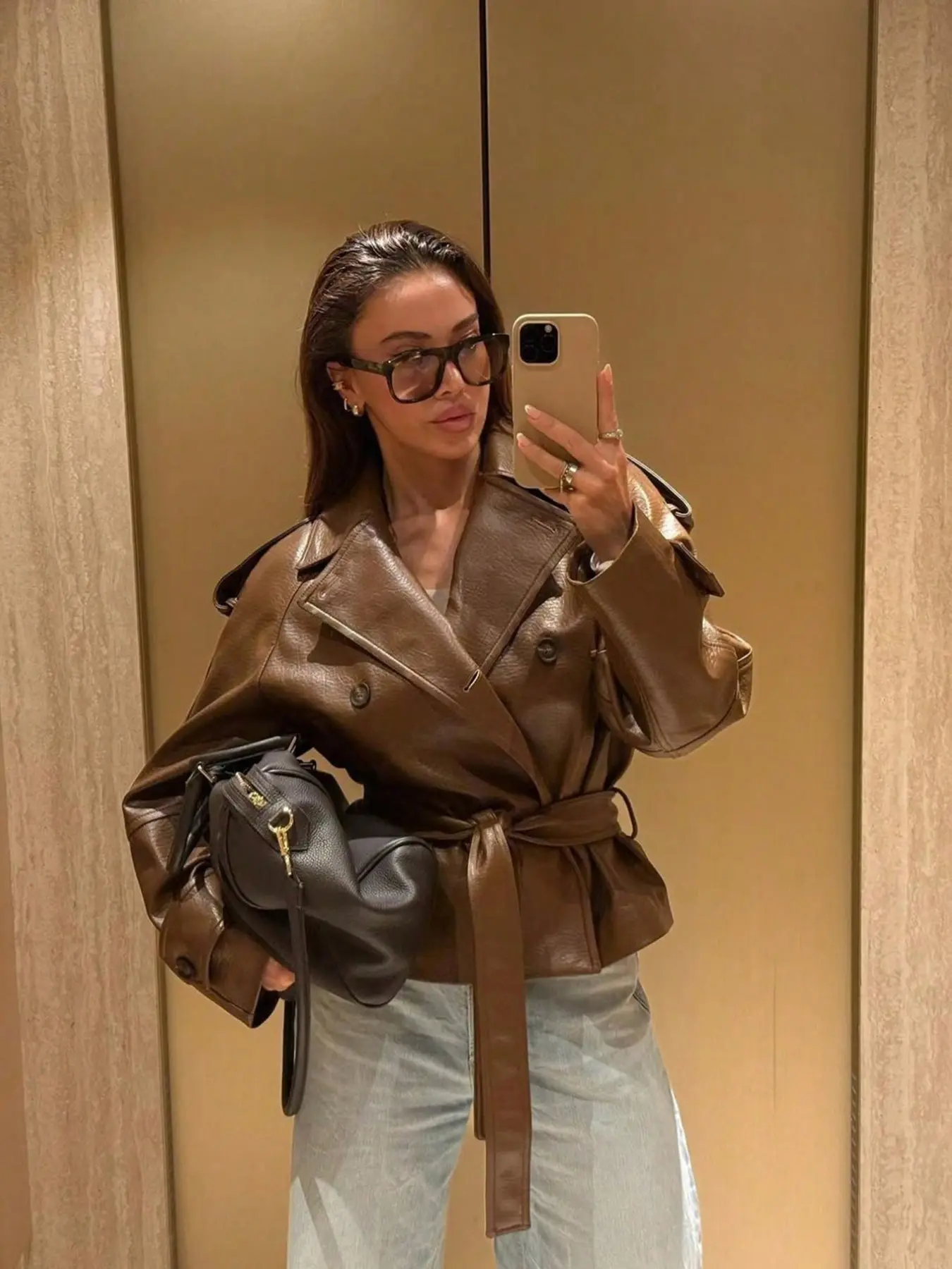 Meadow Style Vintage PU Leather Jacket Women, Belted Waist Turn-Down Collar, French Retro Double Button, Loose Fit Short Coat