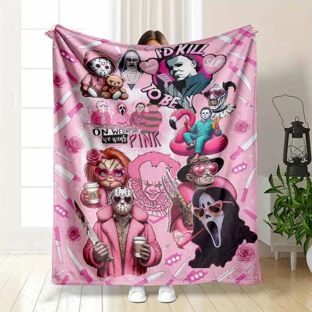 Horror Movie Character Pink Slasher Icon Flannel Throw Blanket, cooling blankets cooling blanket blankets quince bedding, Aesthetic Soft Cozy Lightweight Warm Breathable Blanket Bedroom Living Room Couch Movie Night Home Decor Birthday Gift For Horror Fan