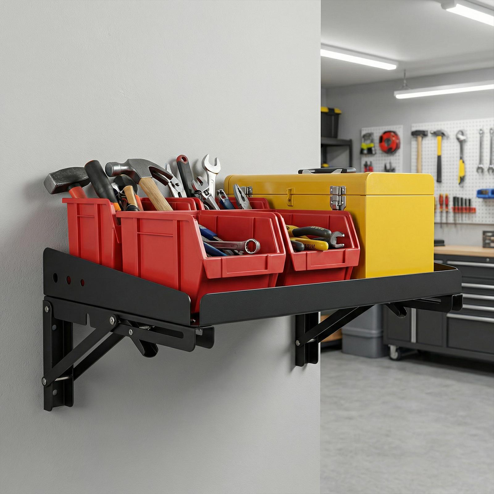 2 Pack Wall Mounted Folding Storage Rack Shelves Heavy Duty Adjustable Rail Shelf with Lip for Garage Kitchen Laundry Room Workshop