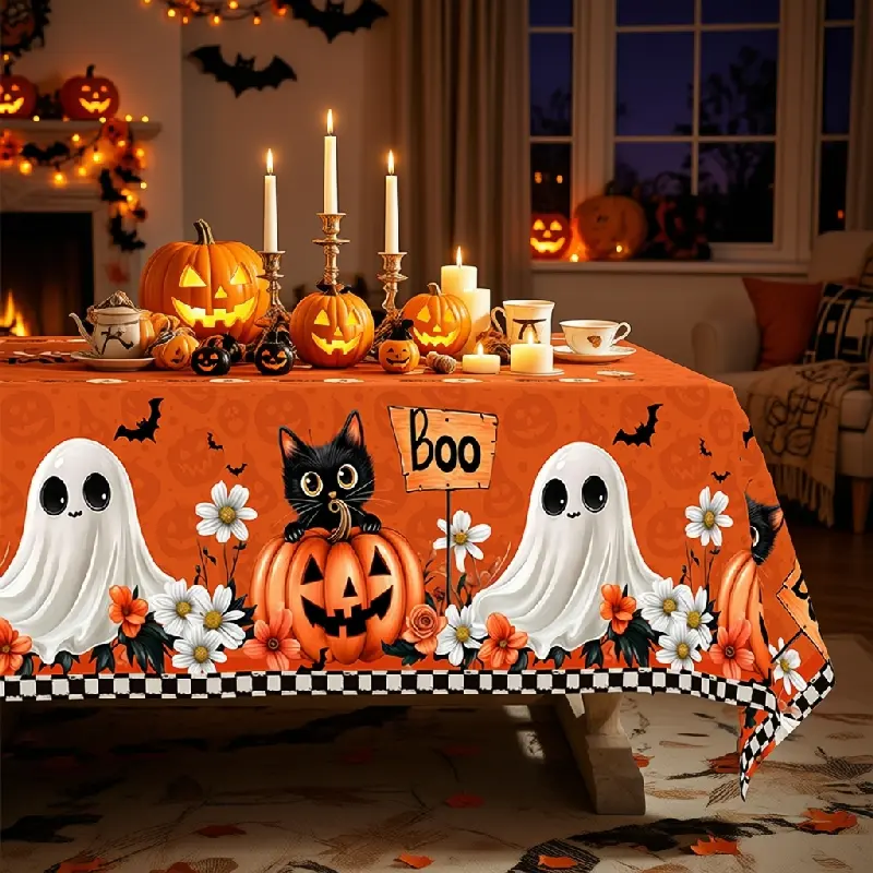 Spooky Halloween Polyester Tablecloth - Orange, Black & White (Ghosts, Pumpkins, Black Cats, Bats, Boo Signs), Round/Rectangular/Oval, Wrinkle Resistant, Machine Washable, Holiday Party Use, Clearance Sale