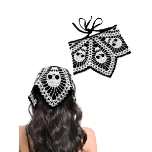 Halloween Skull Pattern Crochet Headband, Vintage Knitted Triangle Scarf for Women, Fashion Party & Daily Wear Hair Accessory