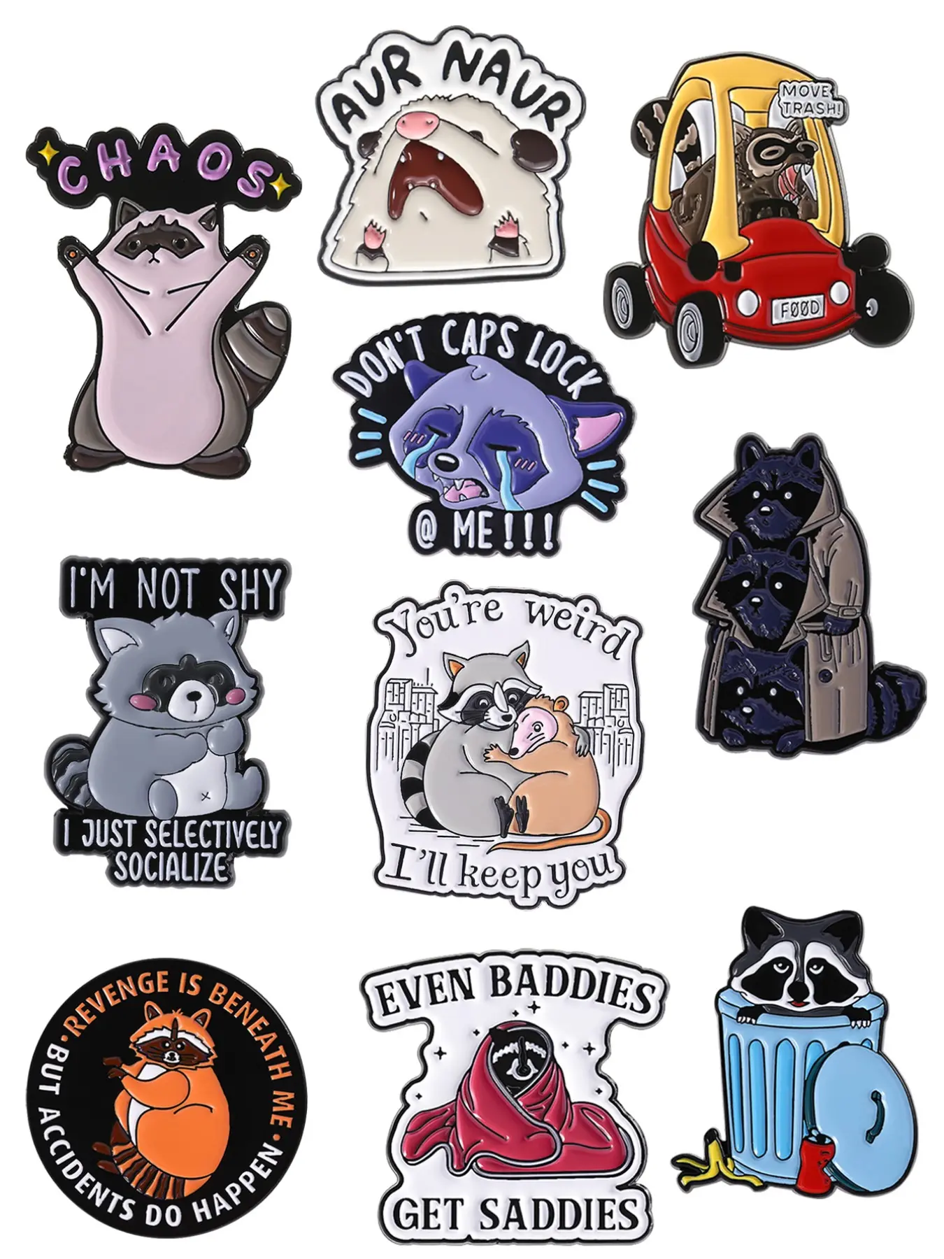 Cute Raccoon Badge Set, 10 Unique Animal Pins for Backpacks & Clothing, Unisex Gift Jewelry, Expressive Mood Accessories, Round, Charms, Drop Set Pins, Brooch Pins, Lapel Pins, Alloy Brooch Pin