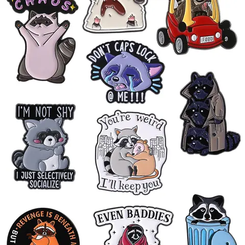 Cute Raccoon Badge Set, 10 Unique Animal Pins for Backpacks & Clothing, Unisex Gift Jewelry, Expressive Mood Accessories