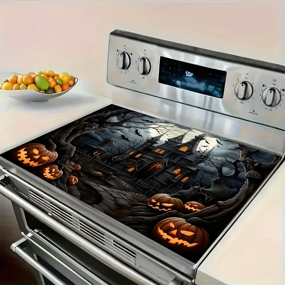 Halloween themed horror town pattern design rubber stove cover - heat-resistant, non slip, absorbent, easy to clean, oven mat, refrigerator mat, kitchen stove cover, suitable for surface protection of ovens, washing machines, and appliances