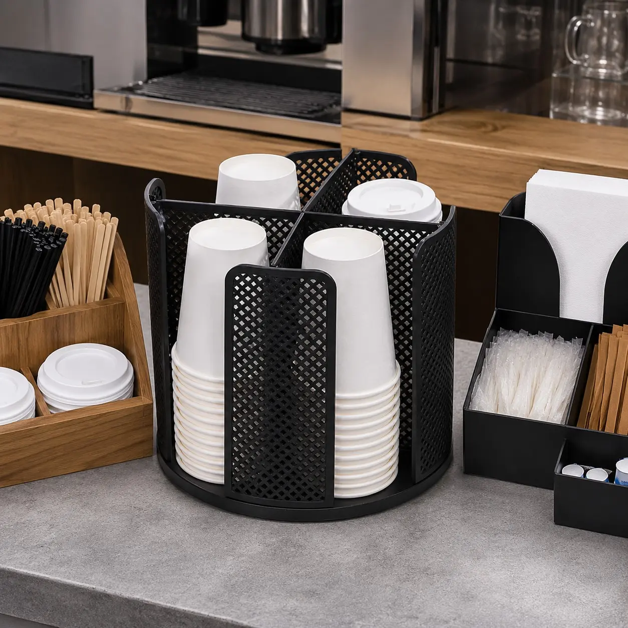 4-Compartment Disposable Cup Holder Organizer, Round Black Plastic Mesh Paper Cup Dispenser for Coffee Bar, Office, Kitchen & Party, 9.3 × 8.7 in, 1 Pack