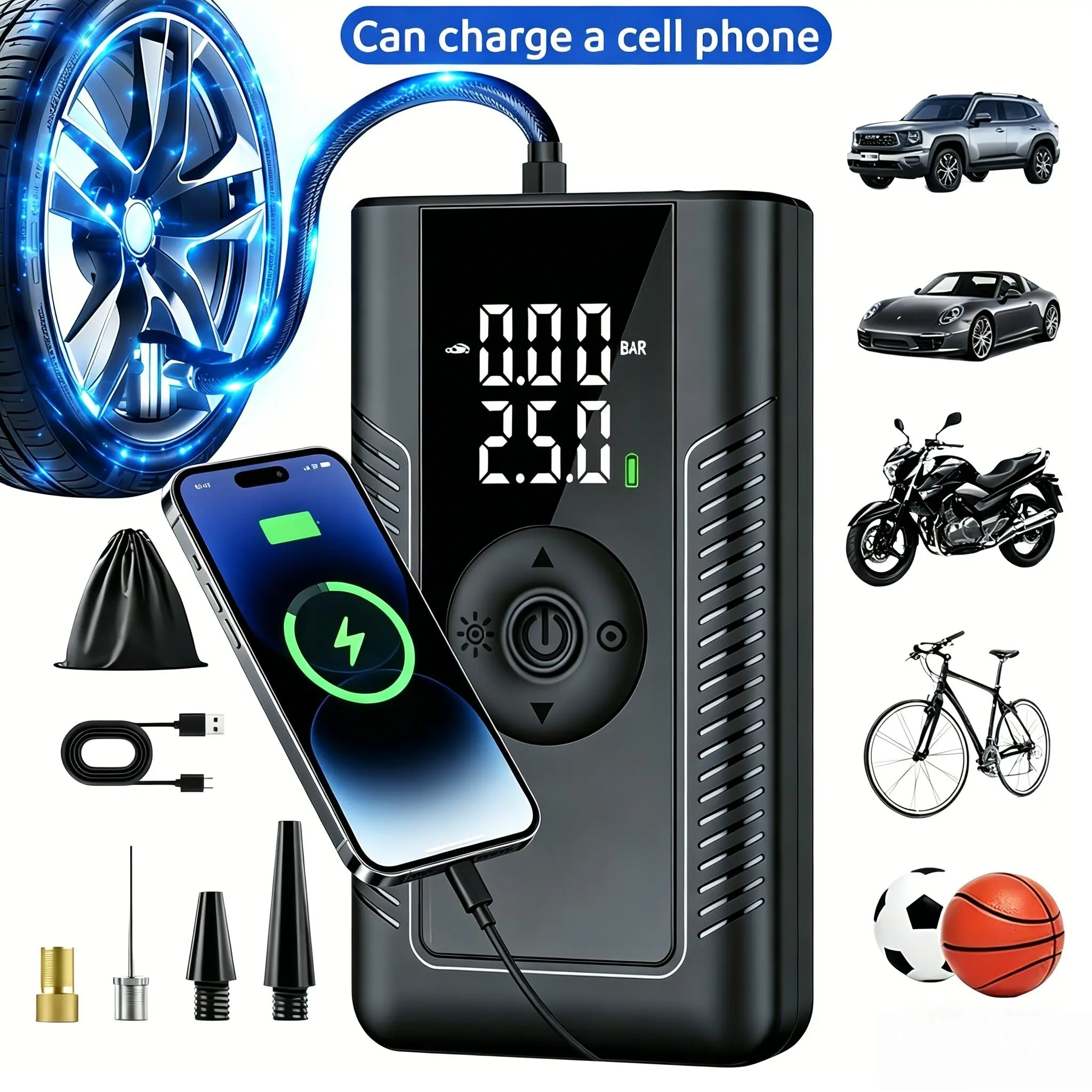 150psi Wireless Portable Tire Inflator, Digital Gauge & LED Light, USB-C Rechargeable Air Compressor, Portable Air Pump, Quick Inflate for Cars, Bikes, Motorcycles, Balls