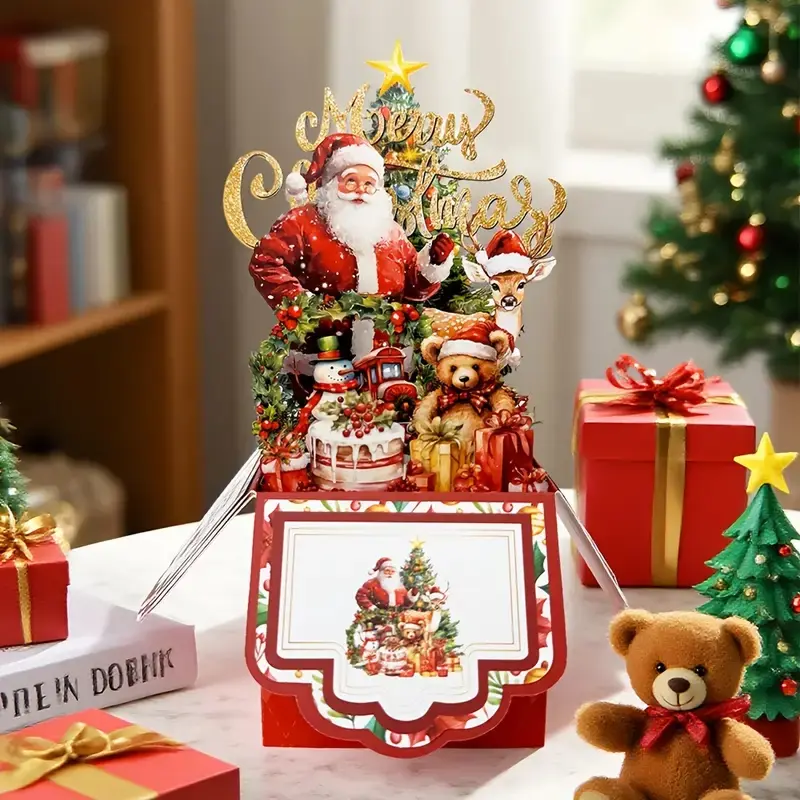 Vintage 4-Layer Christmas Card with Santa Reindeer Tree Design, Paper Holiday Greeting Card with Envelope, Perfect for Friends Family Party Invitations