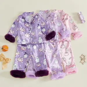 Toddler Girl Silk Pajamas Set Fashion Pumpkin Fuzzy Trim Long Sleeve Button Shirt Pants Halloween Pjs Lounge Sleepwear