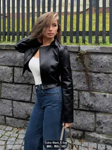 Women's Lapel Full Zip Short Sleeve PU Leather Motorcycle Casual Jacket, Minimalist Street Style Outerwear, Spring & Fall Fashion