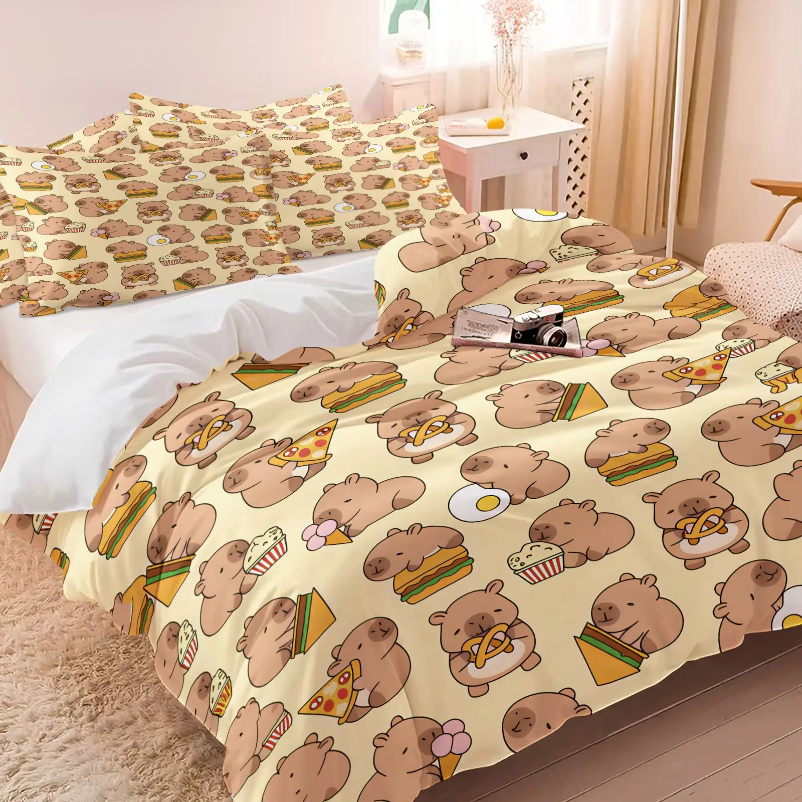 Food Lover Exclusive Print Bedding Set, Rice-Eating Capybara Duvet Cover Set & 1-2 Coreless Pillowcases, Cartoon Hamburger, Pizza And Popcorn Food Patterns, Soft Delicate Breathable Fabric With Healing Lazy Style, Ideal Trendy Guys And Girls Bedroom Decor