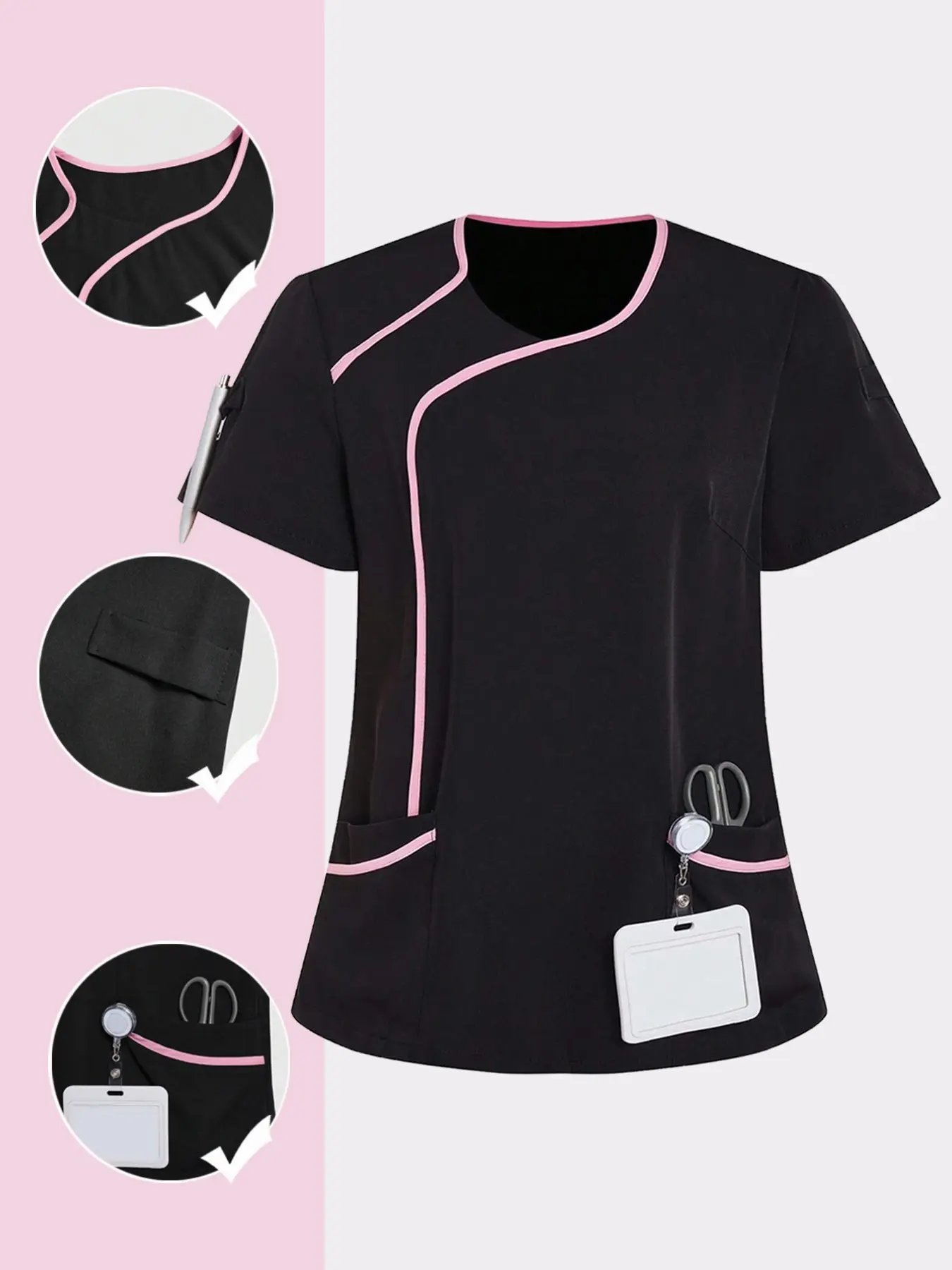 Colorblock Line Round Neck Medical Top, Elastic Breathable Beauty Technician Uniform, Multi-Pocket Hospital Scrub Shirt