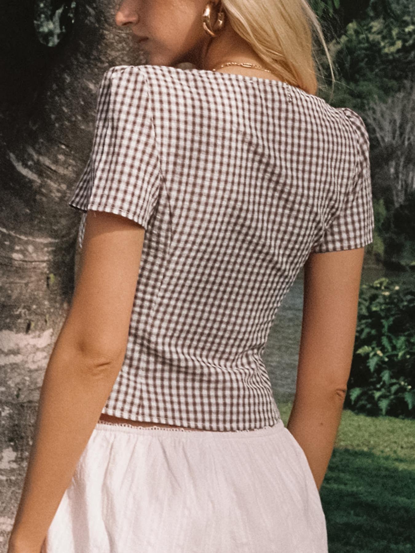 Women's Plaid Print V-Neck Short Sleeve Blouse, Casual Top for Summer, Fashion Women's Top for Daily Wear, Classy Top