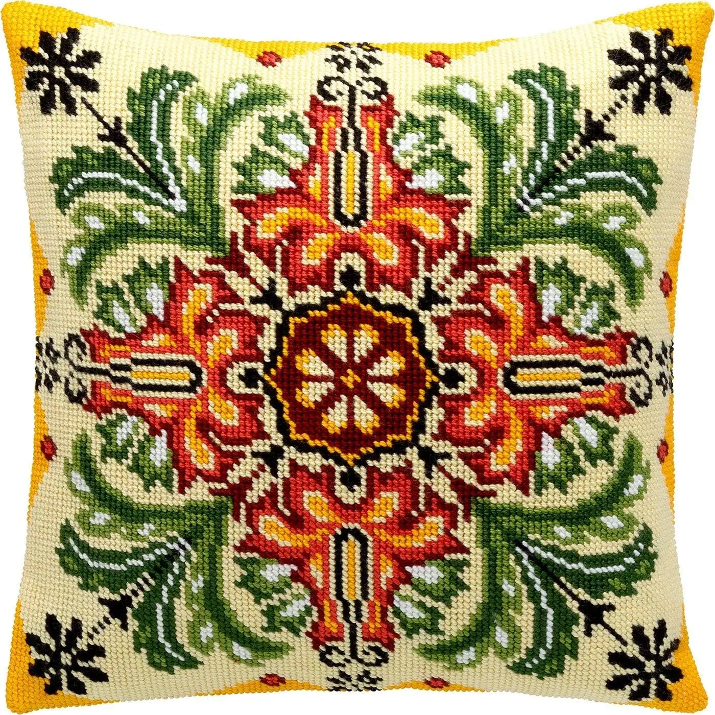 Ornamental Needlepoint Kit for Adults and Beginners — Kaleidoscope of Flowers 16″ × 16″ with Clear, Precise Printed Design on Cotton Canvas; Includes 2 Needles, Yarn, and Easy-Read Chart