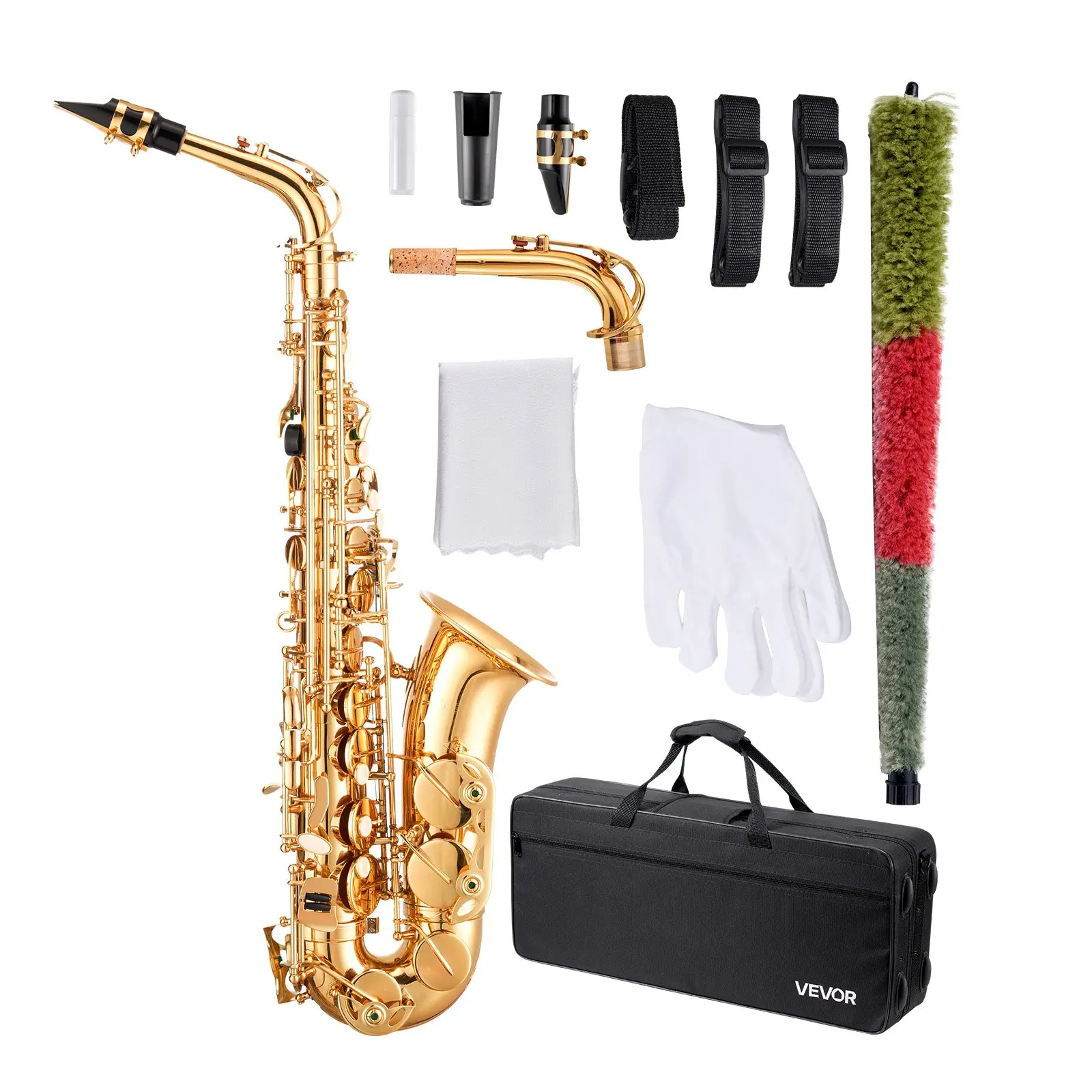 VEVOR Gold Finish E-Flat Brass Saxophone with Electrophoretic Coat, 23-Keys 33-Note Range Beginner Kit (Kit Includes Parts: Carrying Case, Mouthpiece, Straps, Cleaning Cloth Rod, Gloves, Grease) for Students