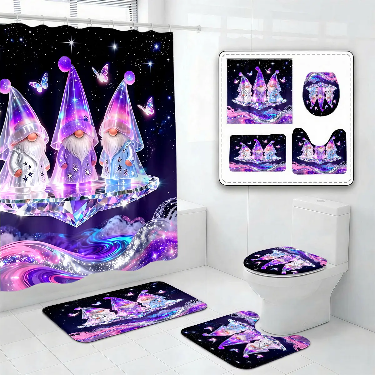Galaxy Gnome Shower Curtain Set – Neon Crystal Hat Butterfly Starry Sky Bathroom Decor for Halloween, Christmas & New Year Cosmic Vibes