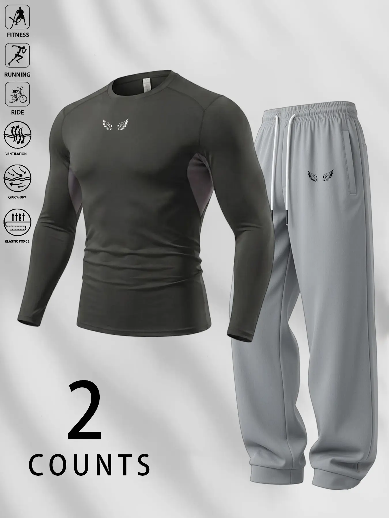 Men's Athleisure Tracksuit, Compression Sportswear Set, Slim Muscle Fit Quick-Dry Compression Long Sleeve Top + Cuffed Jogger Pants Set, Ideal for Gym Training, Running, Cycling, Light Outdoor Activities, Quick Drying Tracksuit, Fitness Tracksuit