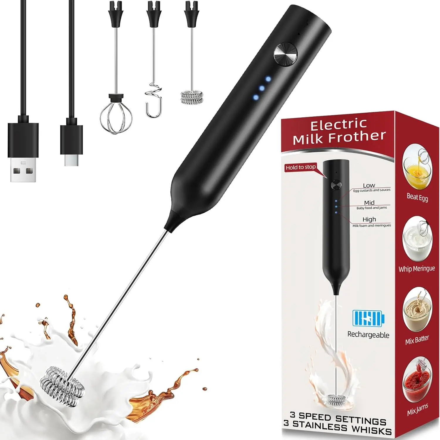 Milk Frother, Rechargeable & Handheld Frother Wand for Coffee, 3 Speed Adjustable Drink Mixer With 3 Stainless Whisks for Matcha, Lattes, Cappuccino, Egg, Electric Whisk  Maker (Black)