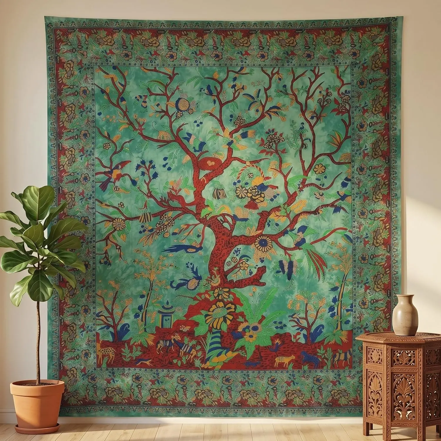 THE ART BOX Handmade Green Tree of Life Cotton Tapestry Wall Hanging - 90x85 in Full-Size Indian Cotton Wall Art, Lightweight Multi-Purpose Home Decor for Bedroom, Table Cover, Bedspread