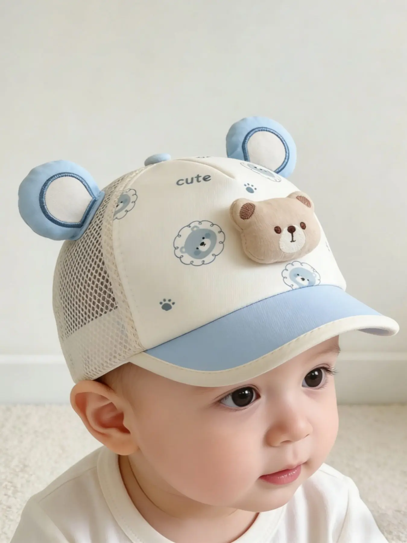 Baseball Hat, Spring Summer Sun Protection Breathable Cap, Cute 3D Bear Design, Unisex Duckbill Hat for Kids 1-3 Years, Sun Hats for Toddlers, Infant Sun Hat, Caps with Designs