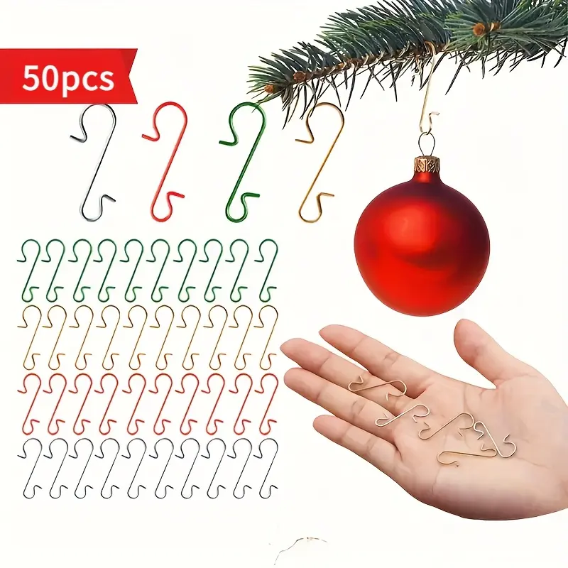 50pcs Christmas ball decorative hook | decorative hook Christmas wire silver gold hook red and green hook | suitable for Christmas tree decoration, Christmas decoration hook, home Christmas decoration, holiday home layout.
