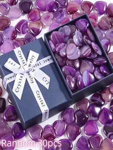 30pcs/1set Natural purple agate striped crystal heart-shaped love stable lucky stone gift box set, chakra balancing spiritual healing crystal guardian stone. Different textures symbolize different love and trust. Perfect birthday and Valentine's Day gift
