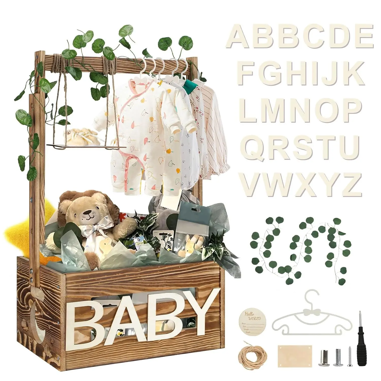 Wooden Baby Shower Crate Closet with 33.5" High Hanger Rack and Swing, DIY Baby Welcome Box with Handle, Easy Assembly Storage Crate for New Parents, Brown(Gift)