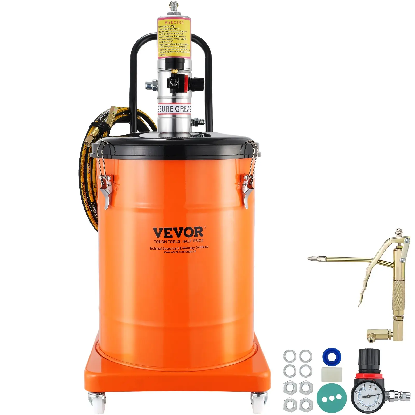 VEVOR Grease Pump, 10.5 Gallon 40L Air Operated Grease Pump with 13 ft High Pressure Hose and Grease Gun, Pneumatic Grease Bucket Pump with Wheels, Portable Lubrication Grease Pump 50: 1 Pressure Ratio