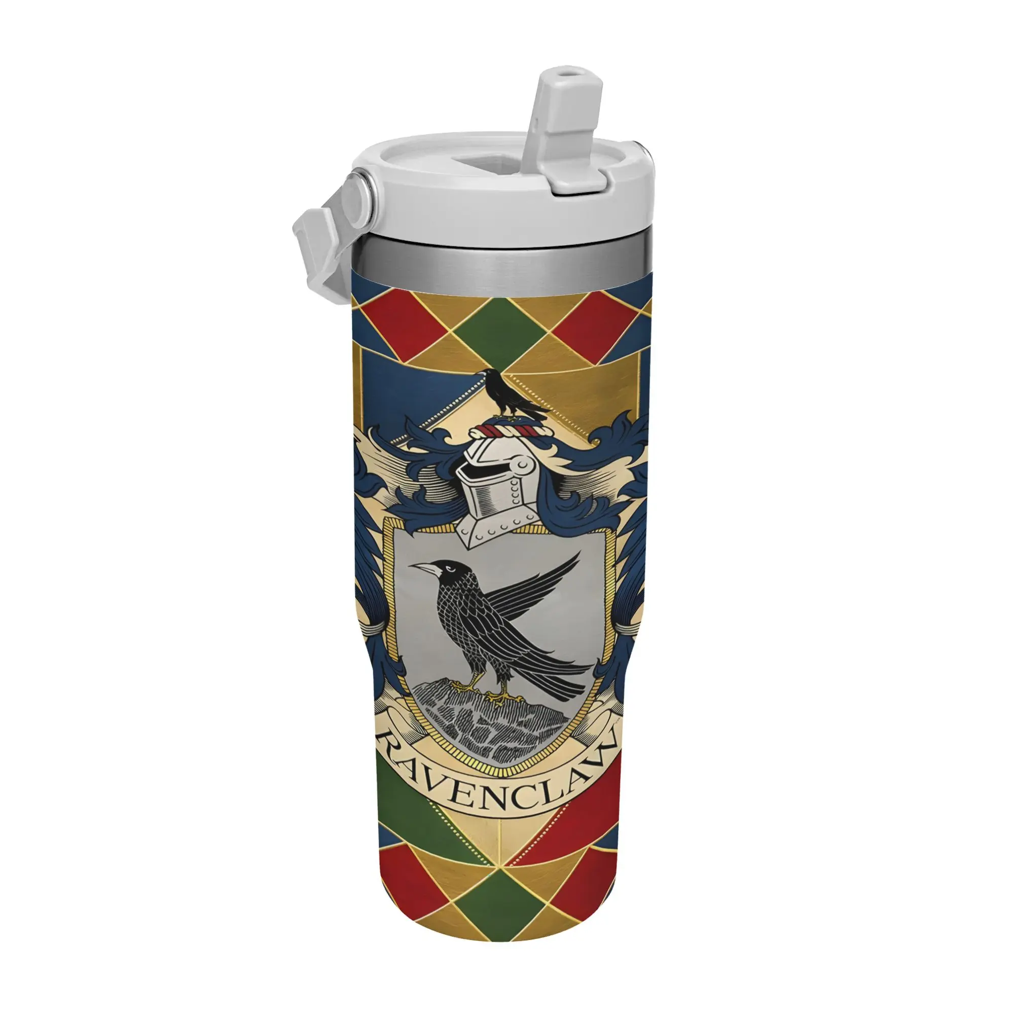 WB Harry Potter Ravenclaw House Crest Diamond Grid Flip Straw Tumbler 30oz Stainless Steel Vacuum Mug, Leakproof Travel Cup, Eagle House Badge Print, Ravenclaw Wizard Fan Gift