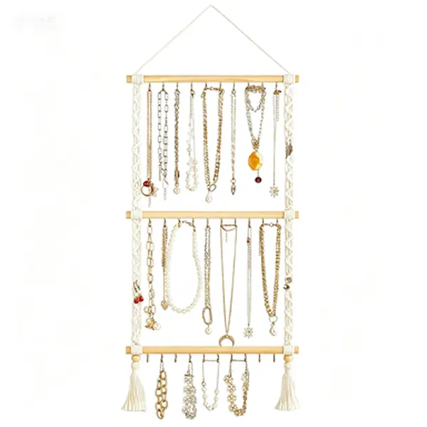 Boho Style Wooden Cotton Braided Rope Macrame Hanging Jewelry Organizer - 34 x 13 inch Wall-Mount/Door-Mount Storage Rack with 30 Hooks, Tassel, No Drilling, Reusable for Necklaces, Bracelets, Earrings (Home Decor Gift)