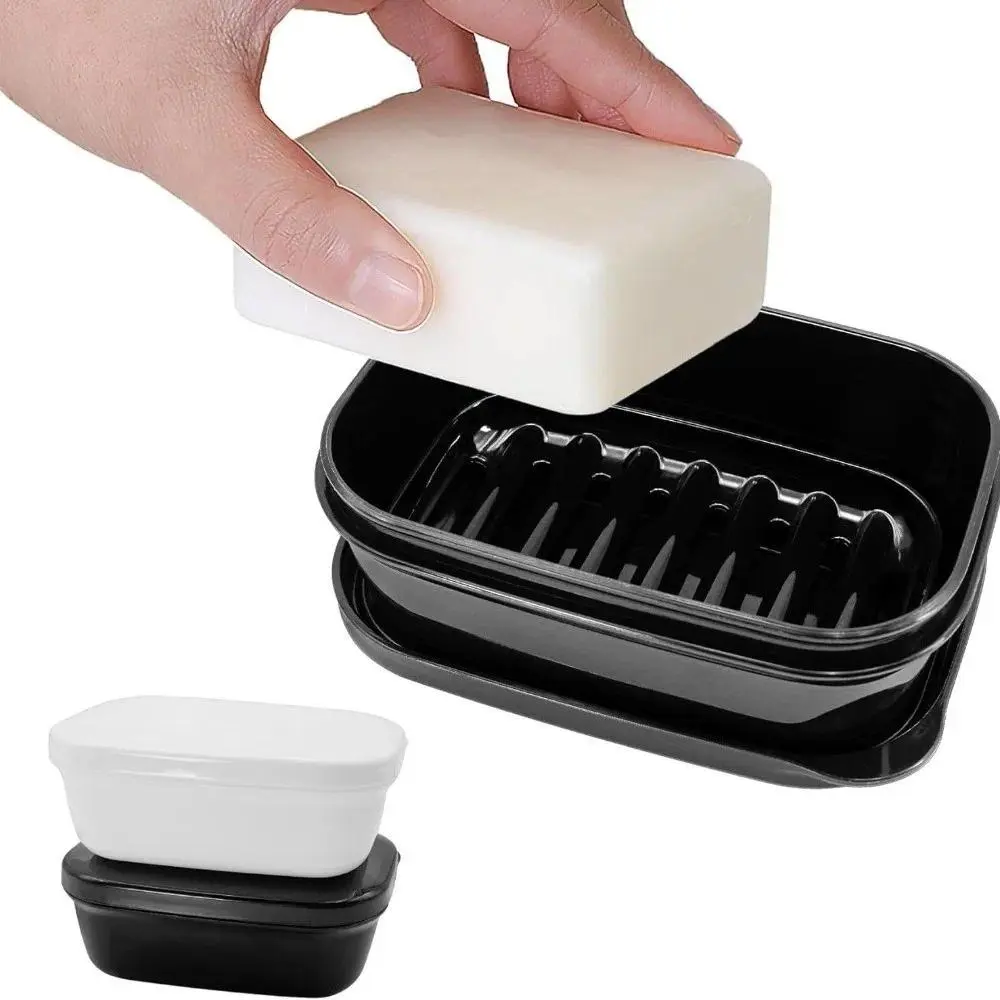 Portable Waterproof Leakproof Soap Holder with Lid Draining Layer Soap Container Detachable Plastic Soap Dish Bathroom