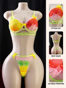 Women's Sexy Lingerie Set, Mesh Print Vacuum Transparency V-Neck Panty with Underwire, Full Coverage, Min Support, All Seasons