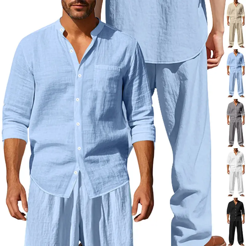 Men'S 2 Piece Outfits Linen Matching Set Mandarin Collar Solid Color Long Sleeve Shirt & Pants Loose Fit Breathable Beach Casual European Size