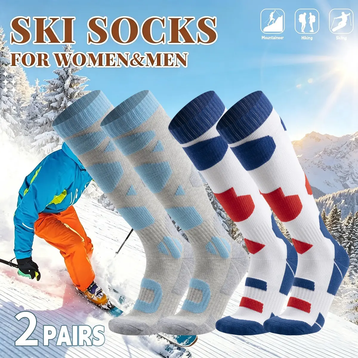 2 Pairs Unisex Ski Socks, Warm Winter Snowboard Socks, Thickened Hiking Snow Socks, Sweat-Wicking Sports Socks for Cold Weather