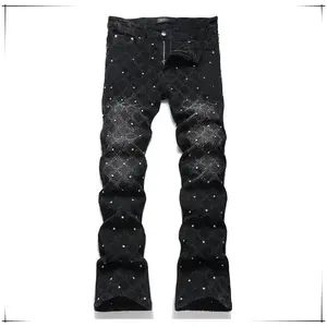 Men's High Cotton Vintage Black Wash Stacked Flare Jeans, Allover Diamond Print Rivet Studded Slim Fit Distressed Denim Pants for Hip Hop Streetwear Casual Wear