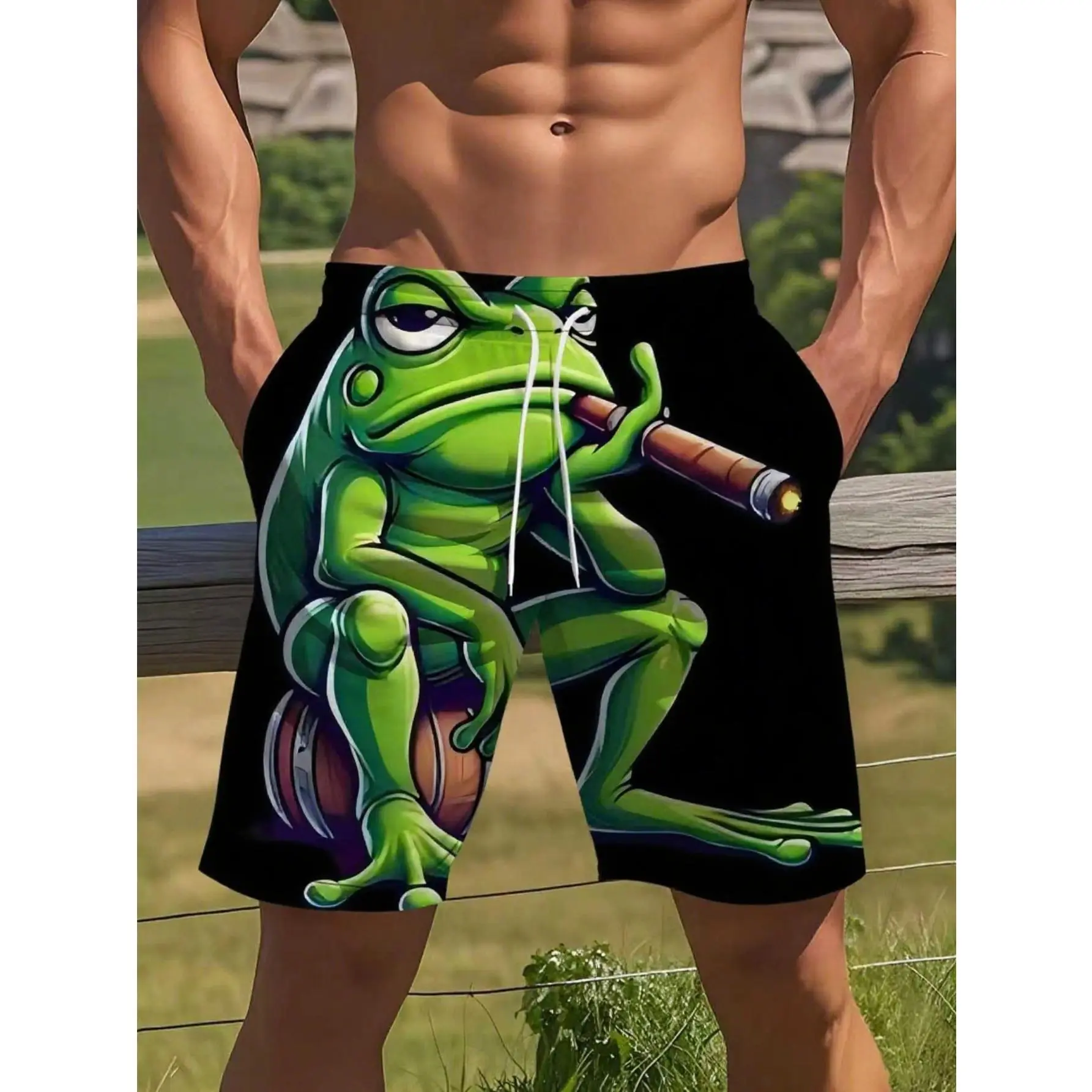 Men'S Print Beach Shorts, Smoky Frog Print Swim Trunks, Surfing Shorts with Green Frog Pattern, Drawstring Waistband, Beach And Pool Swimwear, Suitable for Surfing, Vacation, Men'S Comfortable Adult Surfing Shorts Swimming Pool