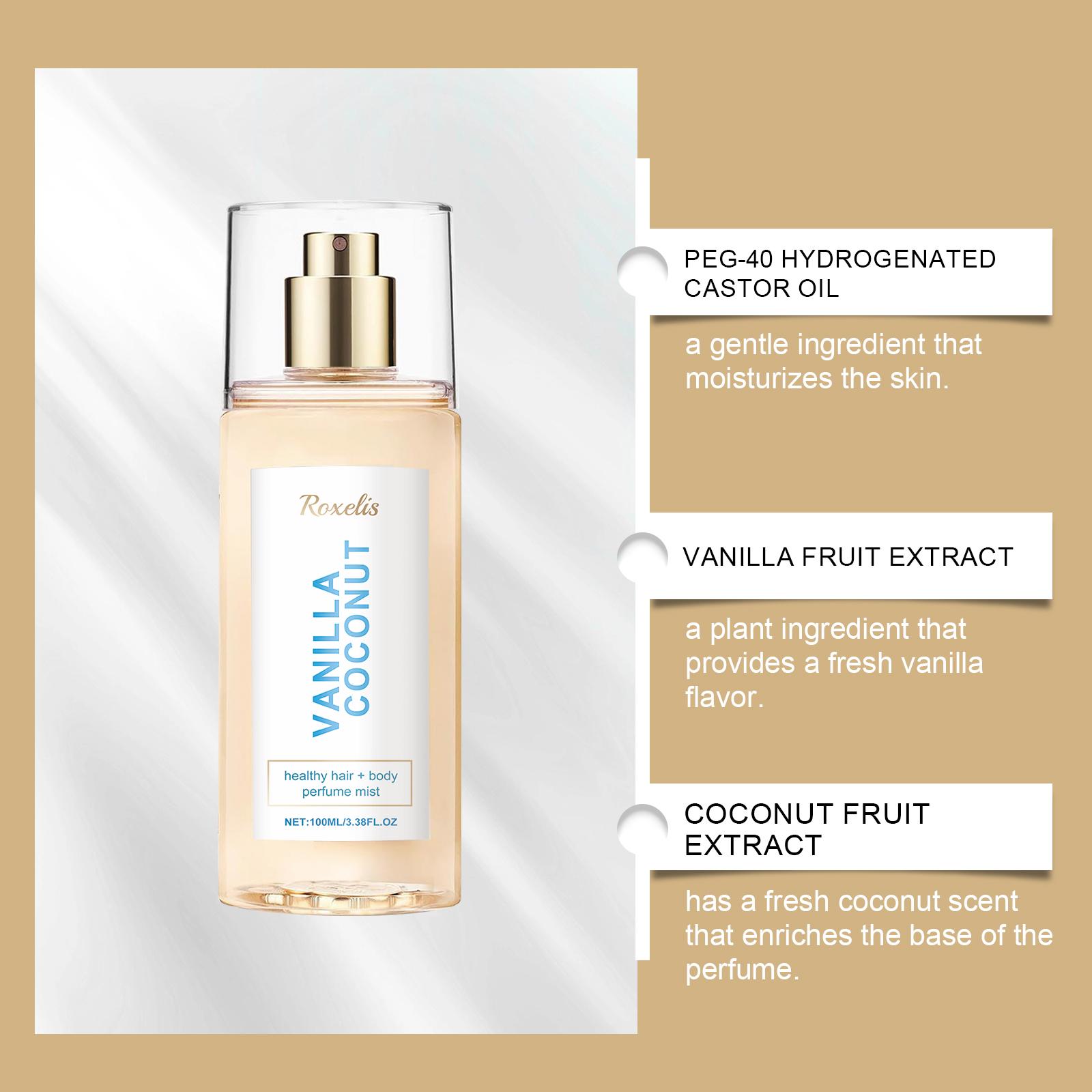 Roxelis Vanilla Coconut Body Perfume Spray, Long-Lasting Fragrance And Exudes A Unique Charm. It Is A Fresh, Romantic And Portable Perfume