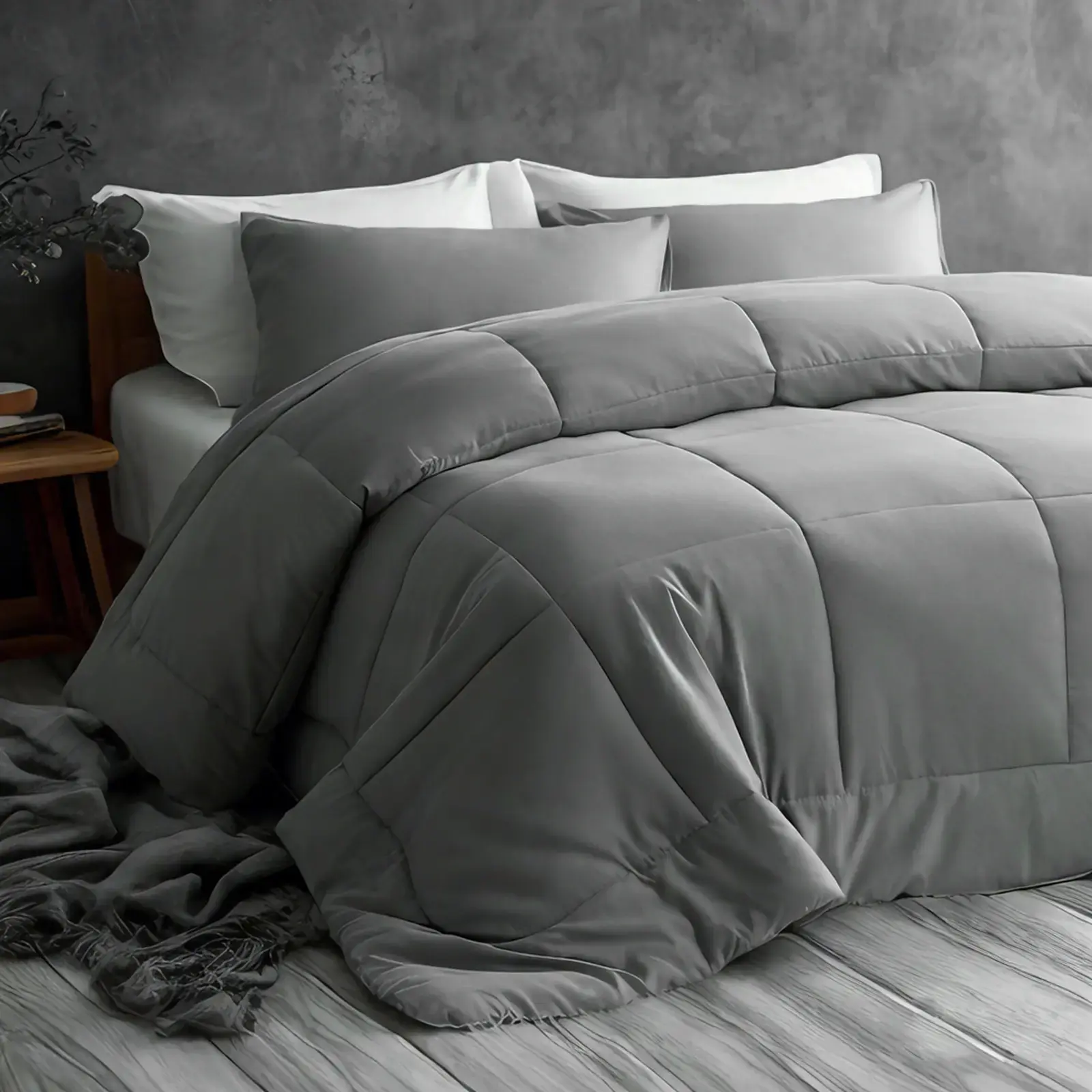 Smoke Gray Down-Alternative All-Season Microfiber Quilted Comforter - Soft Warm Bedding, Anti-Allergic Duvet, Hypoallergenic Microfiber Filling, Breathable, Easy-Care, Machine Washable, with Corner Loops, Luxurious Feel, Anti-Allergic Duvets