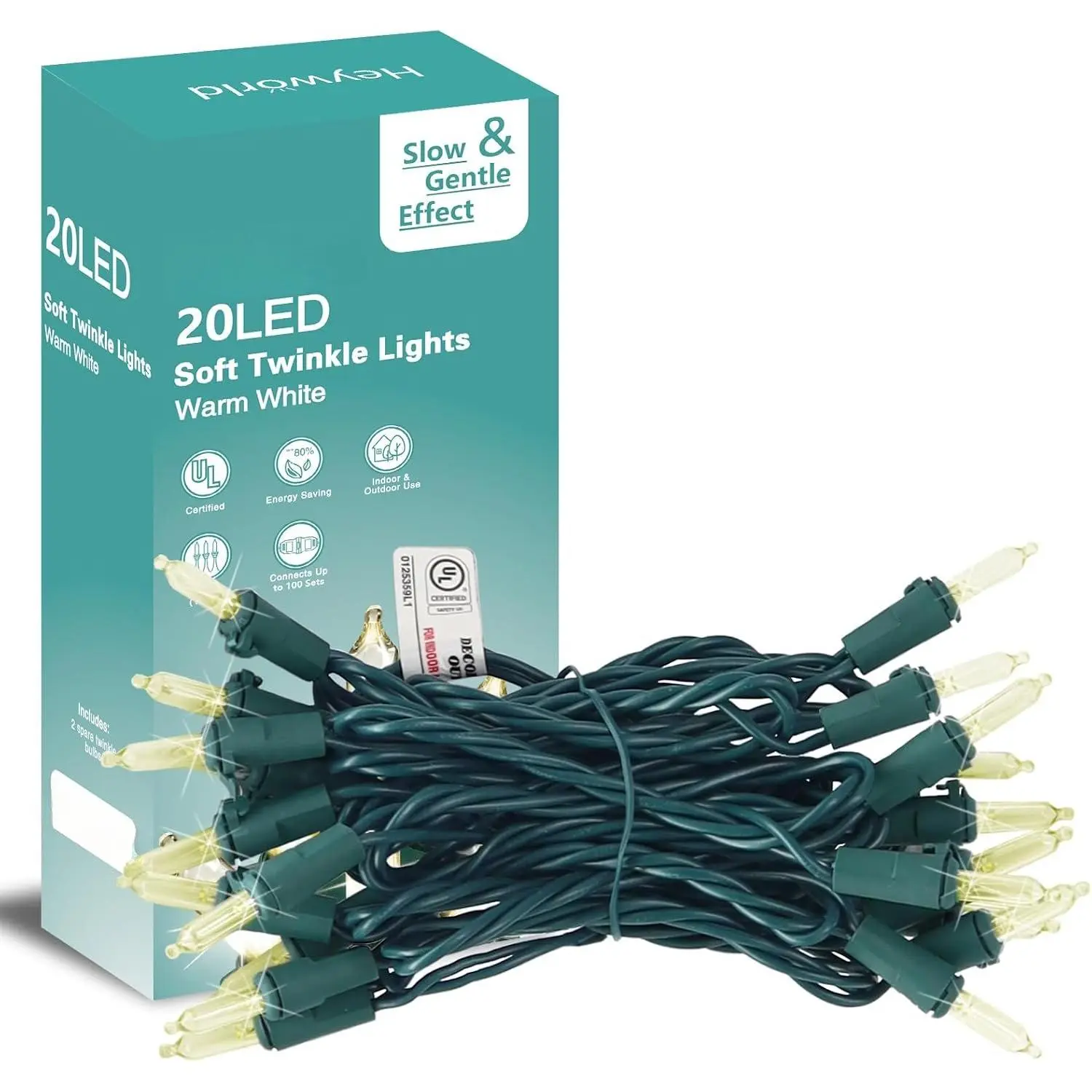 Slow Twinkle Lights, 20 Led Soft Twinkling Mini Christmas String Lights  Green Wire Cord, UL Approved 7 Ft, Connect Up to 100 Sets, Indoor Outdoor Use, Warm White (1, 20LED)