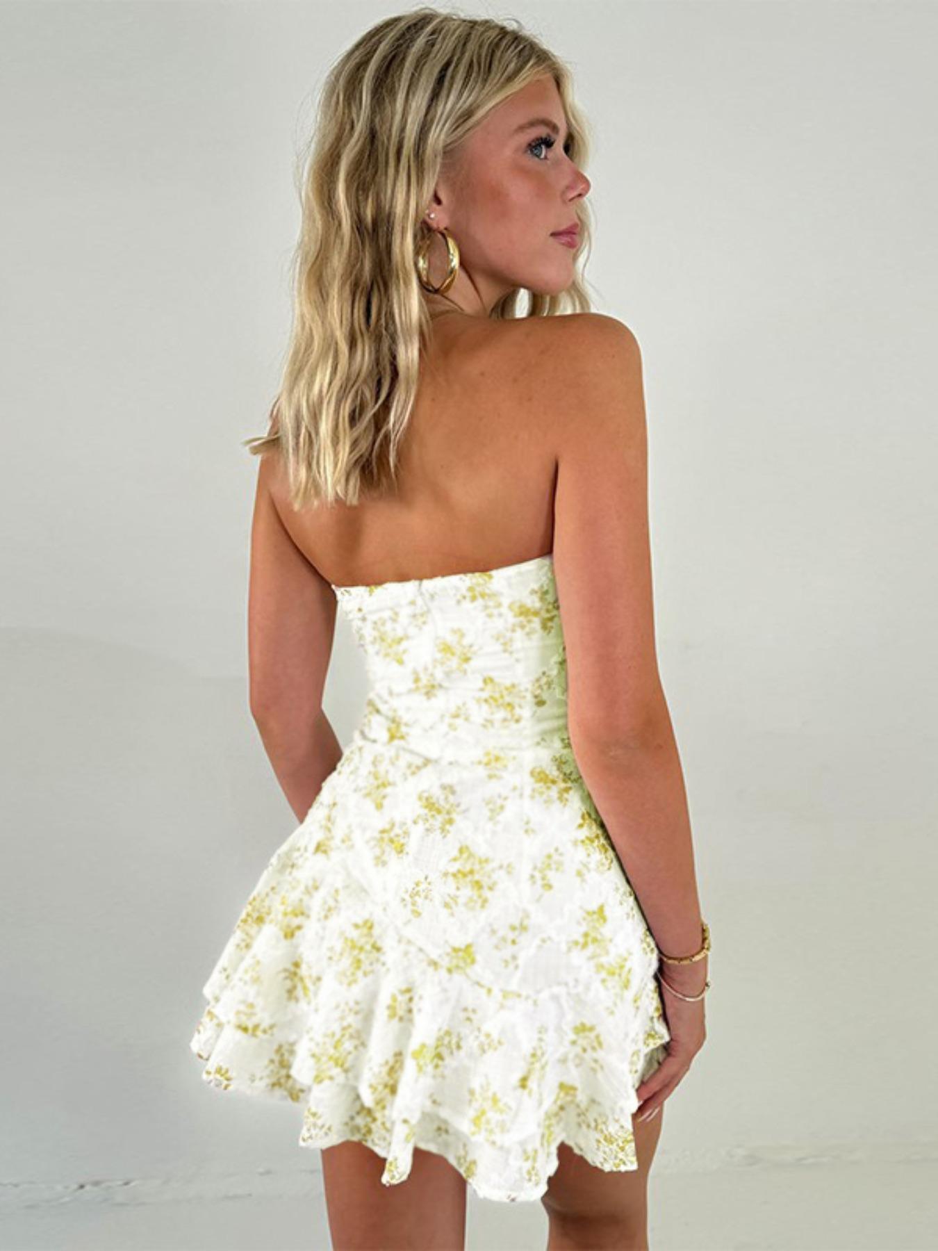 Women's Floral Print Tube Dress, Feminine Fashion Casual Strapless A Line Dress for Daily Outdoor Wear, Ladies Dress for Summer Womenswear