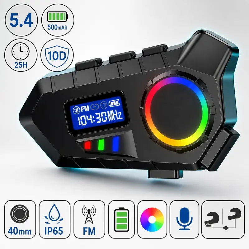 Motorcycle Helmet Bluetooth Headset, Bluetooth 5.4 Helmet Speaker with FM Radio, 500mAh Battery, Voice Assistant, Display and IP65 Protection