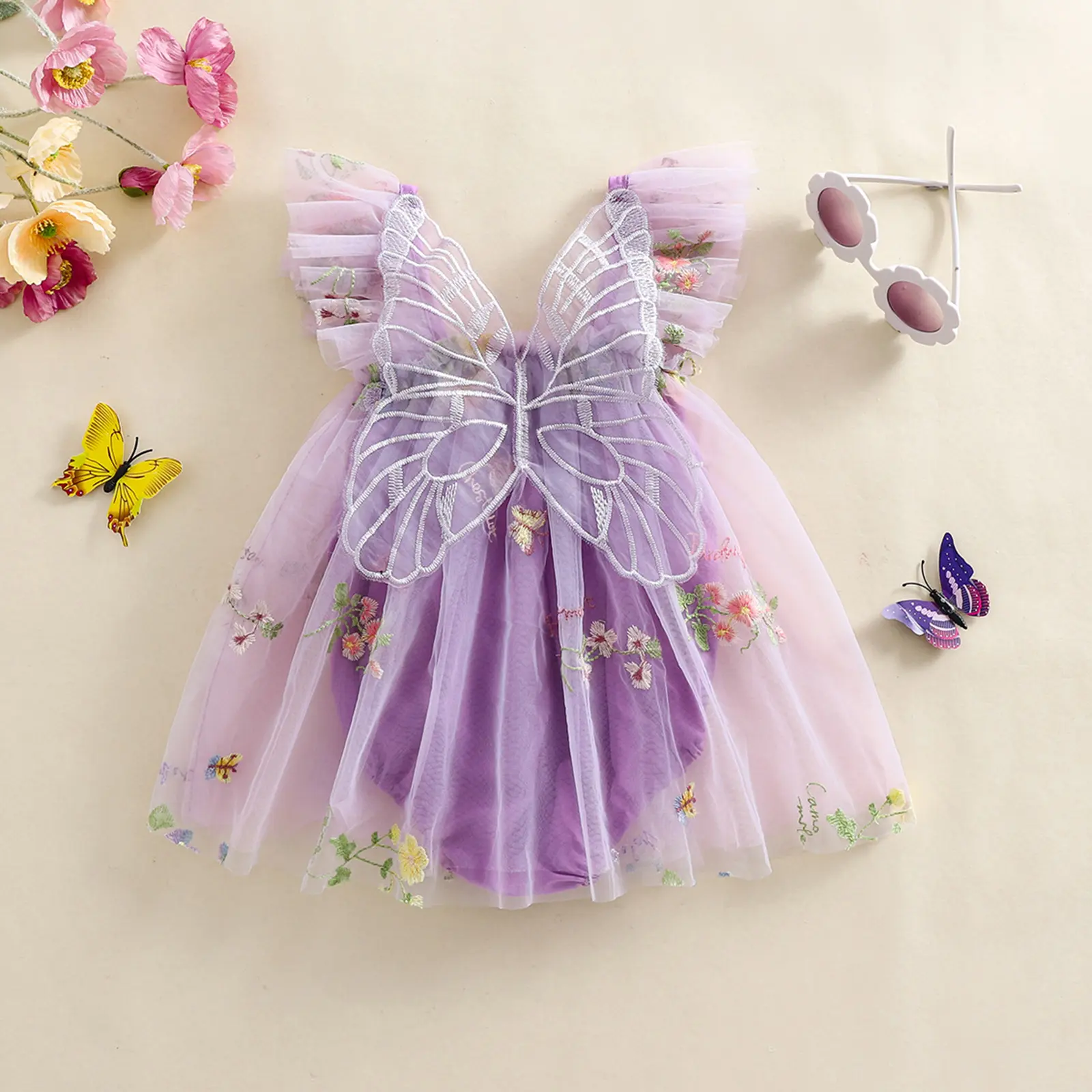 Newborn Infant Baby Girls Clothes Flower Butterfly Embroidery Sleeveless Romper Tulle Mesh Dress Toddler Bodysuit