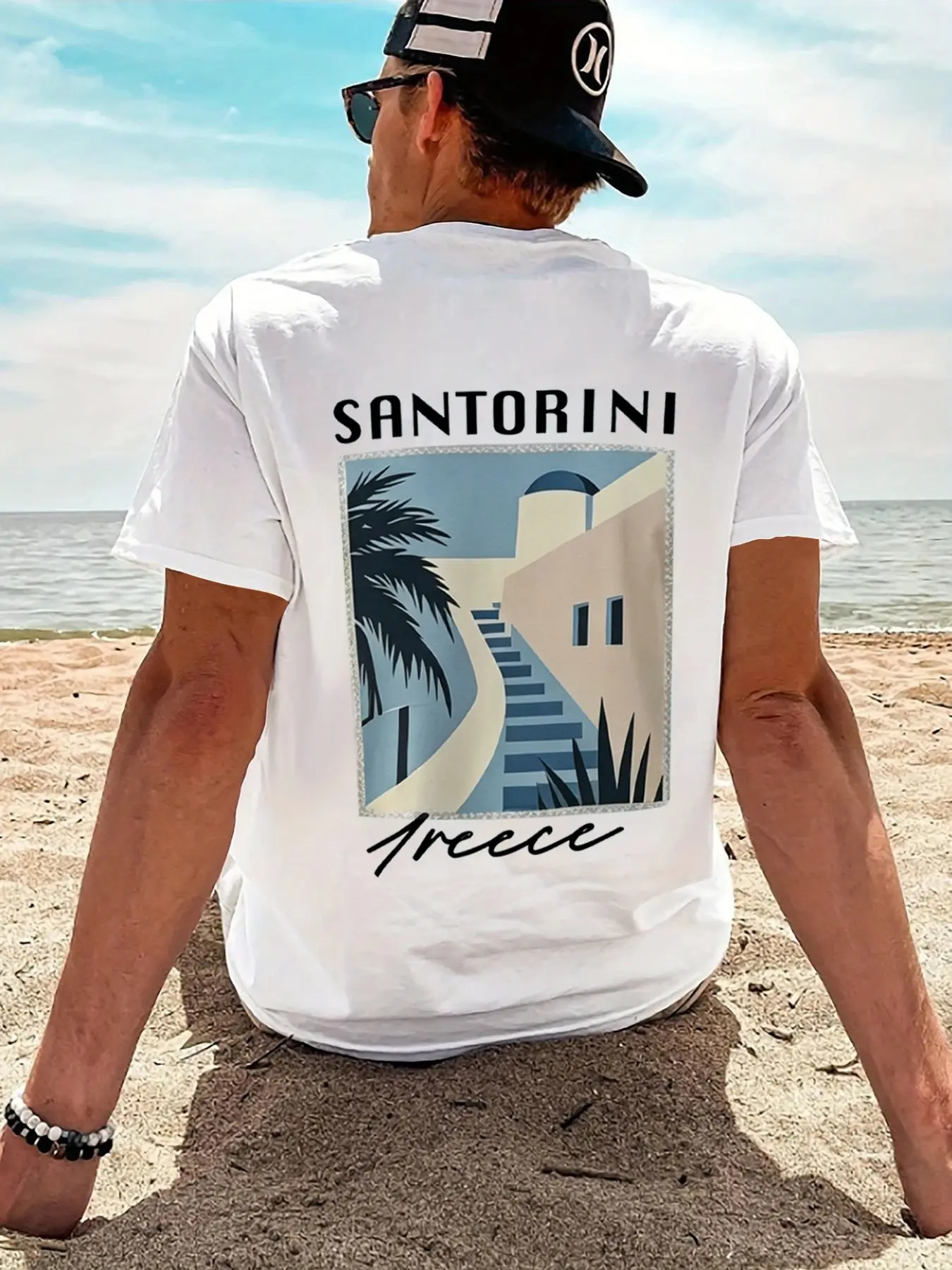 Saint Tropez Greek Island Print Short Sleeve T-Shirt, Mediterranean Vacation Style, Lightweight Breathable, Men's Beach Top, Casual Beach Tee