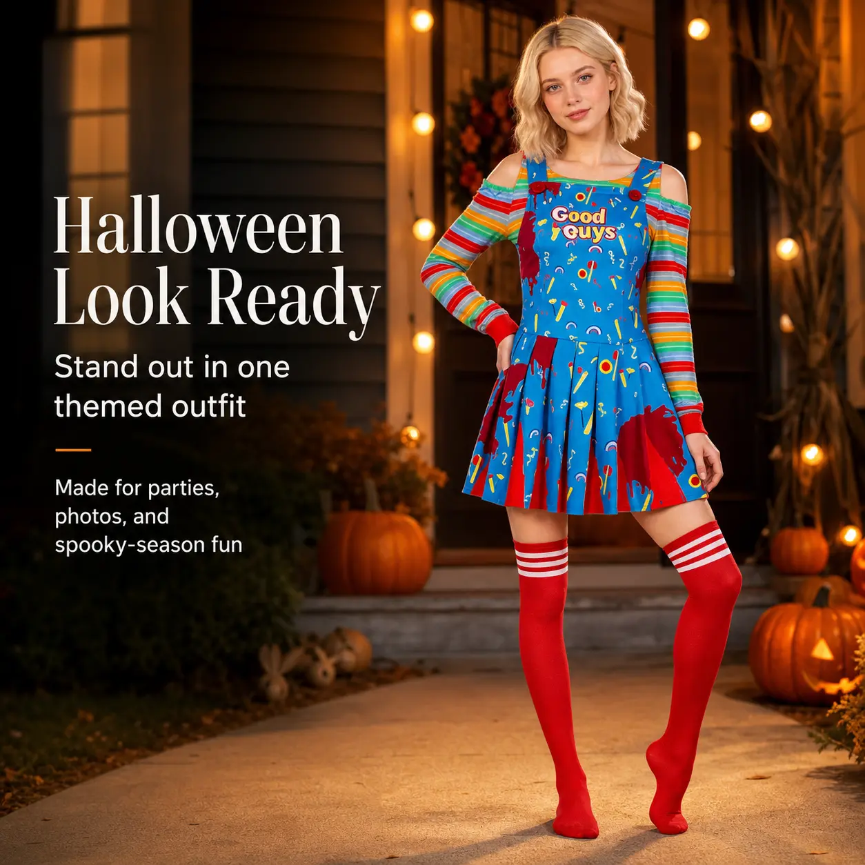 Horror Movie Chucky Good Guys Costume Set, Women Off Shoulder Long Sleeve Top Suspender Pleated Skirt Halloween Party Fancy Dress