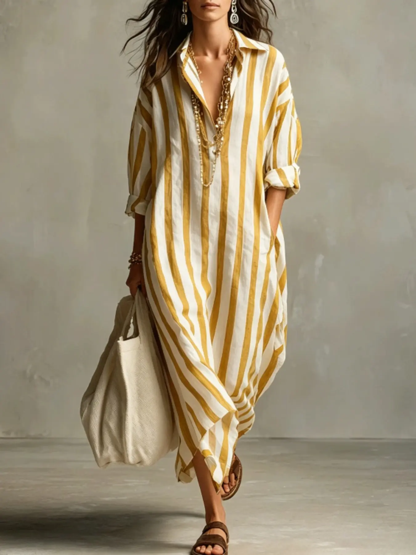 Women's Casual Loose Striped V-Neck Shirt Dress, Comfortable Mid-Length Daily Wear, Stylish, Chic, Boho and Relaxing for Everyday Use